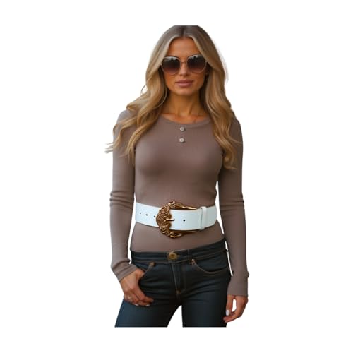 Women White Fashion Belt - Faux Leather Waistband Gold Metal Filigree Western Buckle S M z226