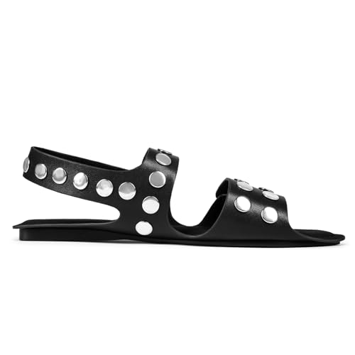 Studded Flats Sandals for Women Open Toe Backless Slide Sandals Adjustable Double Strap Shoes with Hidden Button Slip On Comfortable Casual Summer