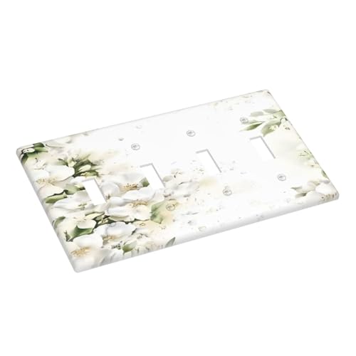 Decorative Switch Plate Covers Rustic Ink Green Leaves White Florals Flower 4 Gang Light Switch Cover Plate Quad Toggle Wall Plate Light Switch Covers for Bedroom Home Decor