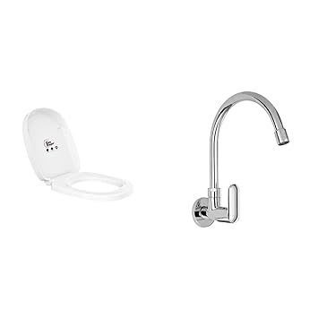 KOHLER Freelance (Square) Antimicrobial, Quiet Close UF toilet Seat Cover (White)+Kohler Kumin wall mounted Kitchen Faucet (cold only) (99482IN-4-CP)
