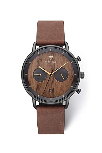 Preisvergleich Produktbild KERBHOLZ Holzuhr Elements Collection Herbert Herren Multifunktions Uhr analog, Naturholz Ziffernblatt, echtes Lederarmband, Ø 42mm, Walnut Black Tobacco