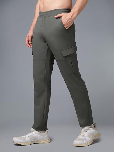 Image of TECHNOSPORT Men's Solid Straight Fit Cargo Pants TS Flexi 6 Pocket Polyester Quick Dry Elasticated Drawstring for Gym Travel Running Workout