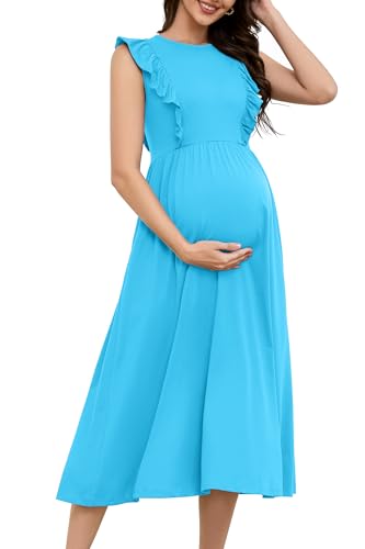Image of OUGES Womens 2025 Spring Hidden Zipper Nursing Dress for Breastfeeding Casual Sleeveless Ruffled Midi Maternity Dress