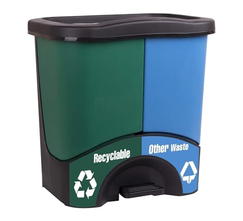 Mintra Home Trash Bins - 3 Gallon - 17.5inW x 17.5inH x 13inD - Double Bin - Green/Blue - Recycle, Trash, Can, Bin, Garbage, Plastic, Wastebasket, Adjustable, Removable, Home, Office, Durable