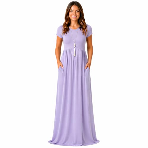 Image of AUOMITH Women's 2026 Summer Short Sleeve Empire High Waist Long Maxi Dress with Pockets