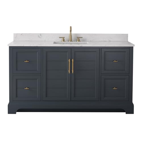HOMEBEYOND 60 Inch Bathroom Vanity with Single Sink & Ceramic Top, Vanity Cabinet with Center Countertop Basin, Soft-Closing Doors, Backsplash, Vintage Spruce Blue