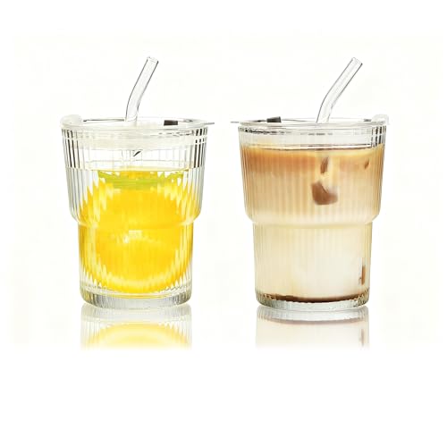 Haundry 14 oz Ribbed Glass cups with Lids and Straws, 2...