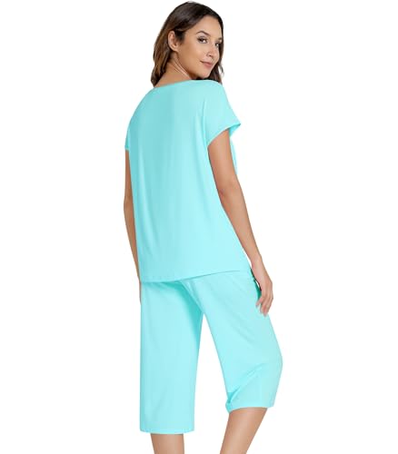 Image of NACHILA Pajamas for Women-Viscose Made from Bamboo, Short Sleeve Sleepwear Top Cooling Capri Pants Pajama Set V Neck Pjs