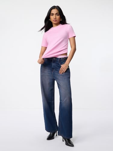 Image of The Souled Store Casual Classics: Women and Girls Short Sleeves Spread Collar Solid Cotton Regular Fit Breathable Lightweight Trendy Everyday T-Shirt