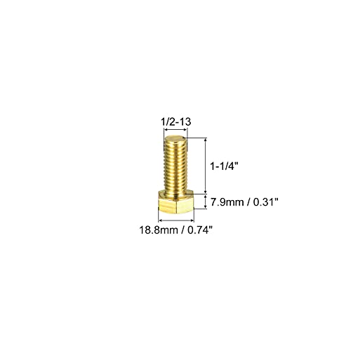 Image of uxcell Brass Hex Bolts, 1 /2-13x1-1 /4 2pcs Fully Thread Grade 4.8 Solid Brass Hexagon Head Bolt Machine Screws for Machinery