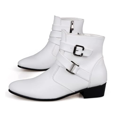 PURCHAWEE Men's Leather Pointed Toe Chelsea Boots,Buckle Straps Side Zipper Chunky Low Heel Western Formal Dress Boots Ankle Boots4