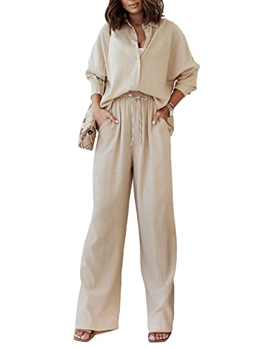 SANSIWU 2-teiliges Freizeit-Outfit für Damen, plissiert, langärmelig, Button-Down-Shirt, hohe Taille, lange Hose, Loungewear, A-apricot, M