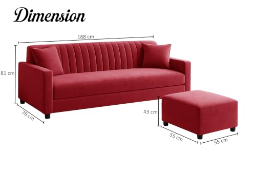 Image of Modern Three Seater Wooden Sofa Set with Ottoman, Soft Velvet Upholstery, Comfortable Couch for Living Room, Office & Apartment - Red Color