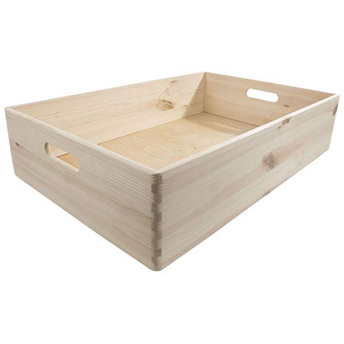 WooDeeDoo Extra Large Wooden Storage Crate – Shallow Stackable Open-Top Box Unfinished Pine for Underbed Storage Pantry Organisation Flat Craft Items Kitchen Shelf Office Supplies – 59.5x39.5x13.5cm