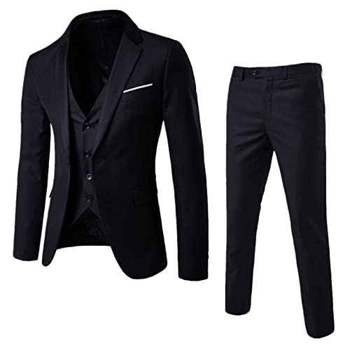 Men's 3-Piece One Button Slim Fit Solid Tuxedo Blazer Jacket Pants Vest Set Smart Wedding Formal Suit