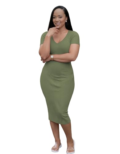 Image of TOPSRANI Women Sexy Midi Dress Bodycon Casual Sleeveless Basic Ruched Tank Summer Club Party Dresses