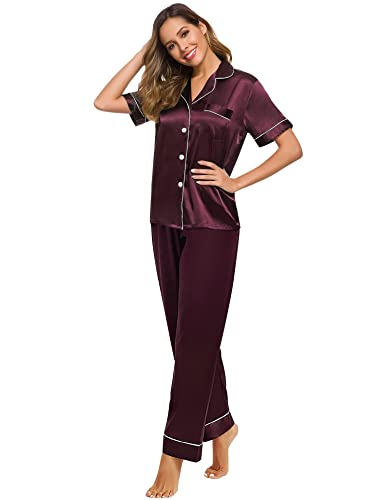 Image of SWOMOG Women Satin Pajamas Set Short Sleeve Top & Pants Sleepwear Silky Button Down Nightwear 2pcs Loungewear Pjs Set