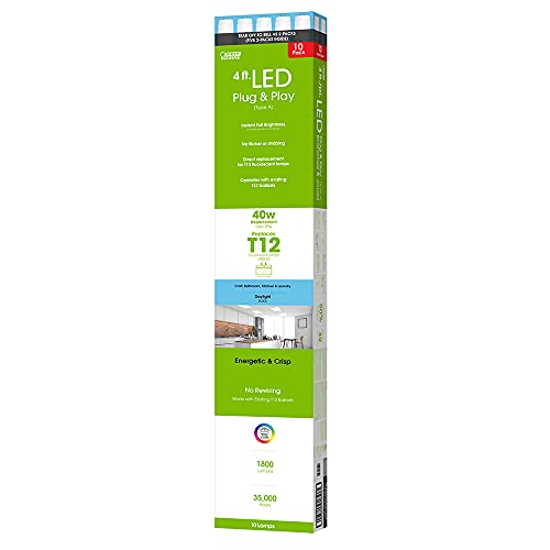 Feit Electric T1248/850/LEDG2/2/5 4 Ft. 40W Equivalent 20 Watt T12 Direct Replacement Linear LED Tube Light Bulb, 10 Count (Pack of 1), Daylight 5000K, Piece