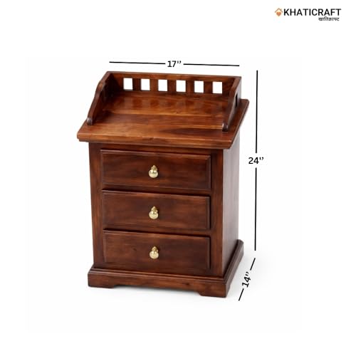 Image of Solid Sheesham Wood Kuber Bedside Table with 3 Drawer Storage for Bedroom Furniture | Wooden Bedside End Tables | Nightstand Side Table for Living Room, Home and Hotels (Honey Finish)