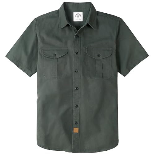 Dubinik® Mens Short Sleeve Button Down Shirts Two Pocket Vintage Mens Work Shirt Cotton Mens Shirts Casual with Stretch Army Green