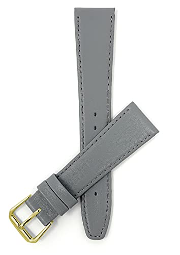 Bandini Extra Long 12mm Womens Leather Watch Band Strap - Grey/Gray with Stitching - Classic - Slim - Gold Buckle