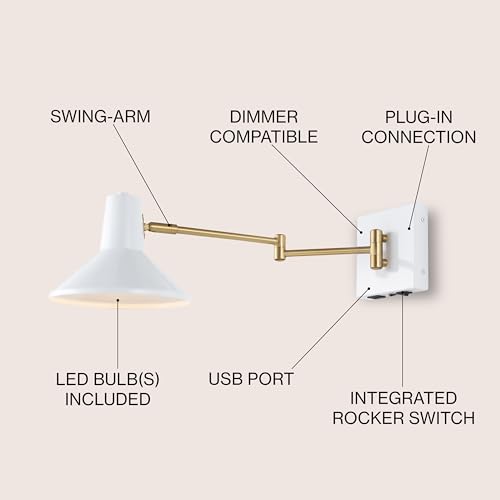 Image of JONATHAN Y 16 inch White /Brass Gold 1-Light Modern Swing Arm Sconce with USB Port, Plug-in Midcentury LED Bedside Lamp with White Iron Shade for Bedroom Living Room JYL1302A