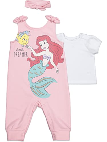 Image of Disney Princess Belle Cinderella Ariel Baby Girls Romper T-Shirt and Headband 3 Piece Outfit Set Newborn to Infant