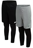 Reebok Boys Basketball Shorts - 2 Pack 2-in-1 Boys Athletic Shorts for Running with Compression Leggings Pockets & Drawstring, Size 14-16, Black/Grey