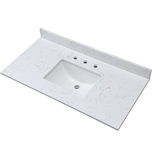 43 Inch Marble Vanity Top With Sink, Engineered Stone Vanity Sink Top With Undermount Ceramic Sink & Backsplash, Three Holes Countertops For Bathroom (Lightning White) #TOP3