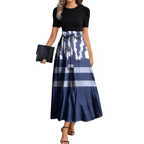 RALUEMID Summer Dresses for Women 2025 Floral Print Wrap Short Sleeve Maxi Dress Patchwork Ruffle Hem A Line Dress