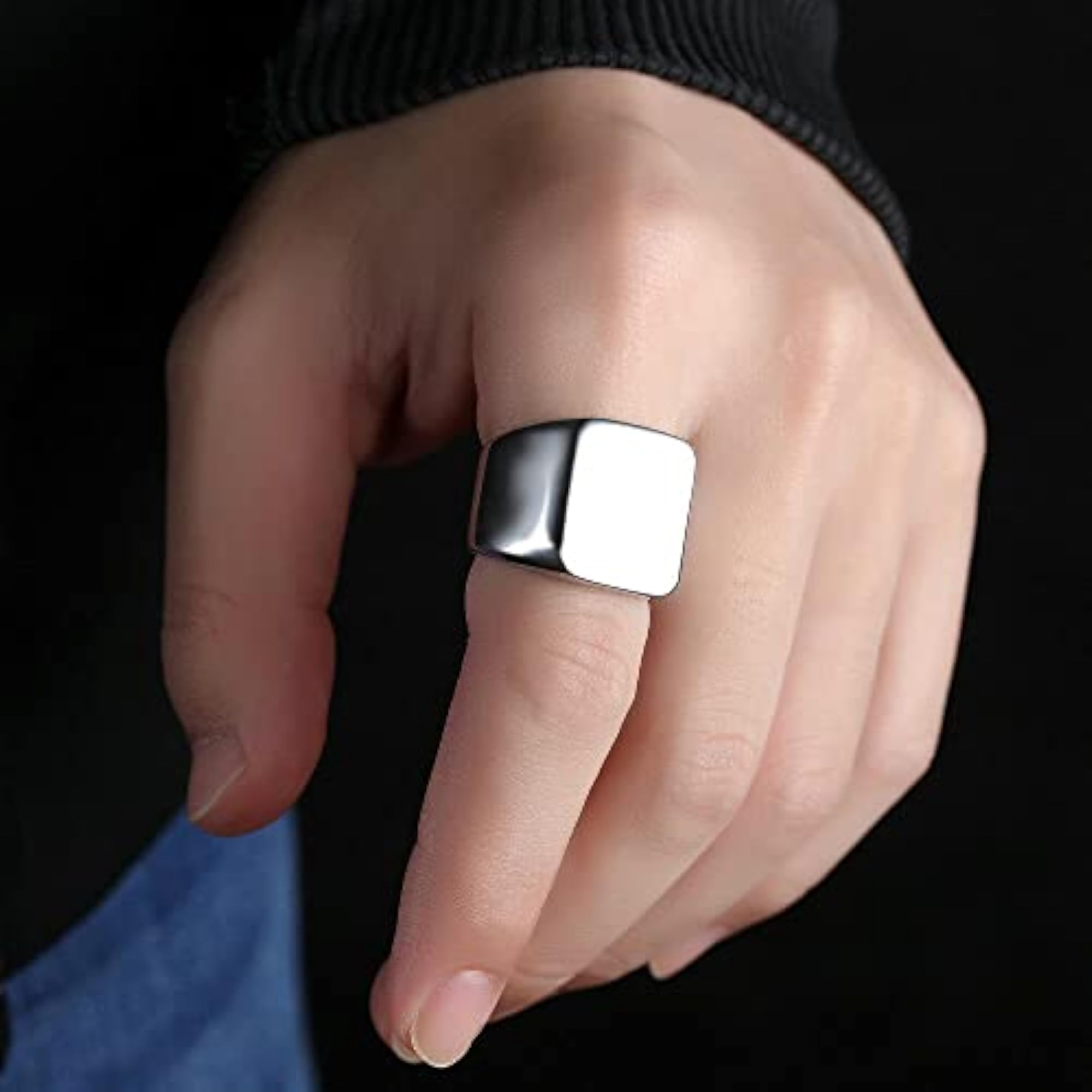 Square Solid Polished Metal Stainless Steel Ring, Biker Style