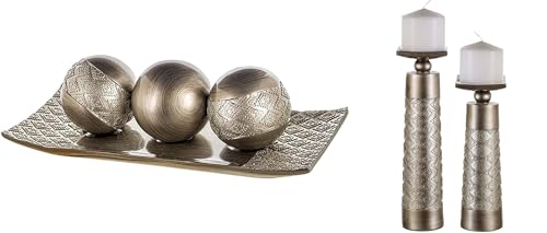 Creative Scents Dublin Silver Home Decor Tray with Orbs and Matching Candle Holder Set of 2 - Coffee Table Mantle Decor Centerpiece Table Decorations for Living Room Decorative for Dining Table