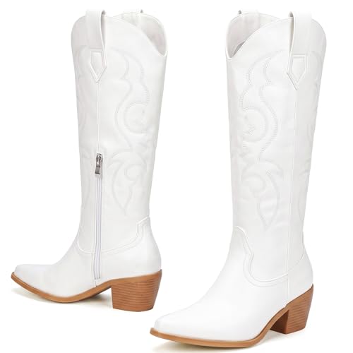 Platikly White Cowboy Boots for Women - Rhinestone Wide Calf Cowgirl Boots, Knee High Western Footwear, Glitter Sparkly Tall Design with Embroidery, Classic Country Style Pull On Zipper US 9.5 Wide by Platikly - Used condition - Image 5