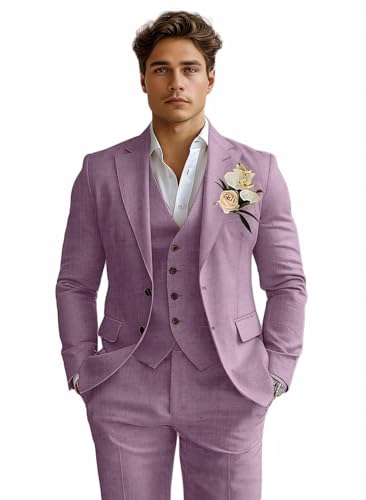 Linen Mens Suits 3 Piece Slim Fit Tuxedo Suit for Men Beach Wedding Formal Business Suit Groom Prom Set Outfits JLWS-144