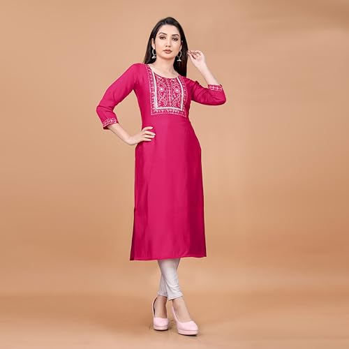 Image of Women's Ladies Girl's Cotton A-Line Zari Embroidery Straight Long Kurta Kurtis for Women