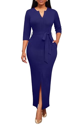 Image of Nmoder Long Maxi Dress for Women, Pencil Church Bodycon Dress Front Split | 3 /4 sleeve v neck, curvy tea party work semi formal cocktail funeral date bridesmaid dress, colorblock, m-3xl
