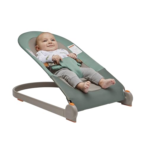Image of Boon Slant Portable Baby Bouncer - Folding Baby Seat for Infants - Lightweight Portable Baby Chair with Machine Washable Fabric and 3-Point Harness - Dark Green