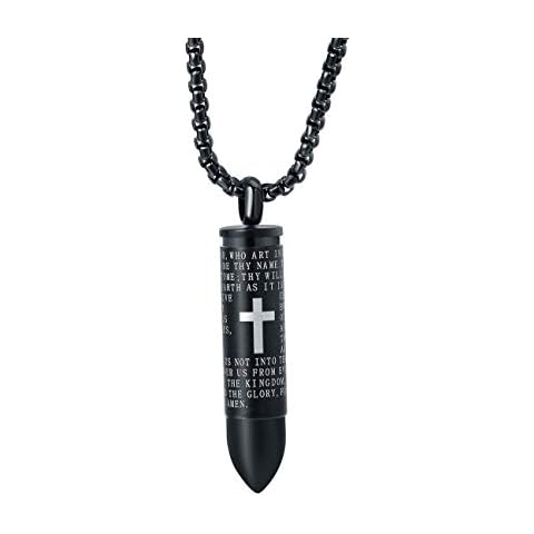 JAYUMO Stainless Steel Cremation Urn Jewelry for Ashes Keepsake Memorial Lord’s Prayer Cross Bullet Pendant Necklace for Men 20 Inch Chain, Gold Silver Black Necklace(Black) Cover