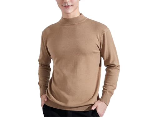Men's Autumn Winter Sweater Loose Pullover Half High Collar Wool Bottom Tops Khaki
