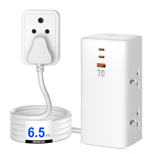 Image of Tower Power Plate 7 Extension Board, 70W Fast Charging, 4 Universal Sockets, 2 Type-C Ports, 1 USB Port, 200CM Power Cord, 2500W, 2500W High Power with GaN Technology for Home & Office (SC4383)