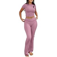 ANRABESS Conjunto feminino de 2 peças de calça legging dobrável para ioga flare casual Y2K conjunto de agasalho combinando, rosa, XGG