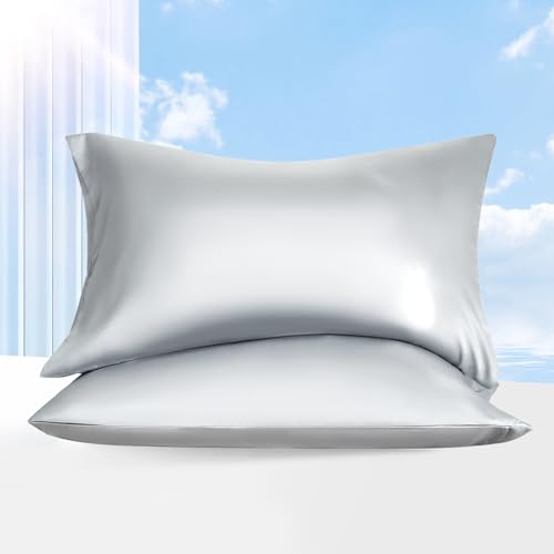 DCSKY 100% Tencel Pillowcase, Hair and Skin Friendly, Soft and Smooth,Cooling Silk Pillowcases for hot Sleepers,Queen Pillowcases Set of 2,Hair and Skin Friendly,Grey, 20x30In