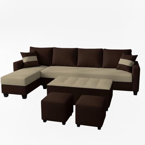 Image of CASASTYLE Adonway 8 Seater Fabric LHS L Shape Sofa Set (Cream-Dark Brown) Premium Velvet Finish | Ideal for Living Rooms