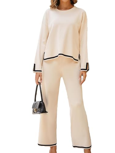 MessBebe Conjunto deportivo de 2 piezas para mujer, suéter de punto de manga larga, pantalones de pierna ancha, conjunto de chándal, albaricoque, XL