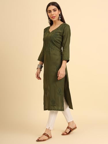 Image of Women's Chikankari-Lucknowi Embroidered Work | 3 /4 Sleeve | Knee Length | Round Neck | Cotton Fabric | Straight Kurta