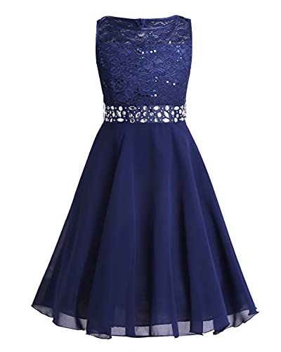 Alvivi Kids Sequins Lace Bodice Junior Bridesmaid Flower Girl Dress Wedding Pageant Party Ball Gowns with Rhinestone Sash Navy Blue 12