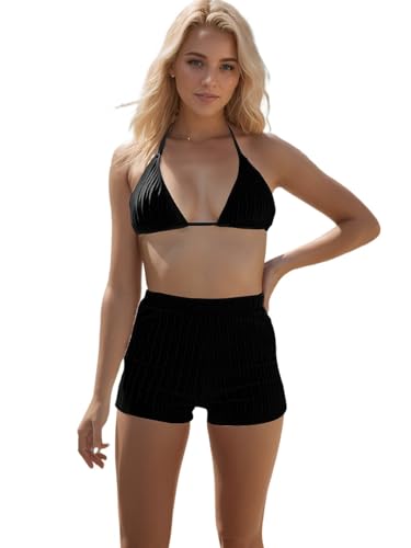 Women's 2 Piece Bikini Set Halter Tie Triangle Top with Full Coverage Bottom Shorts Bathing Suit Swimsuits