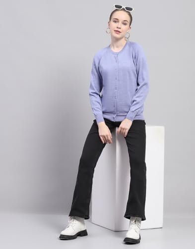 Image of Monte Carlo Womens Solid Blue Round Neck Full Sleeve Cardigan