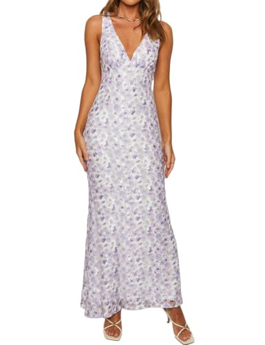 Image of Elegant Lace Floral V Neck Backless Bodycon Dresses for Women Sexy Cut Out Low Back Sleeveless Maxi Dress Wedding Guest