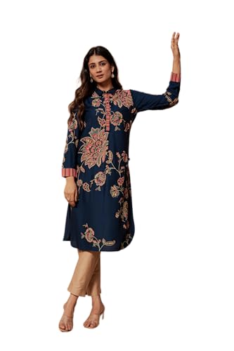 Image of Juniper Midnight Blue Floral Printed Viscose Kurta with Button Detailing